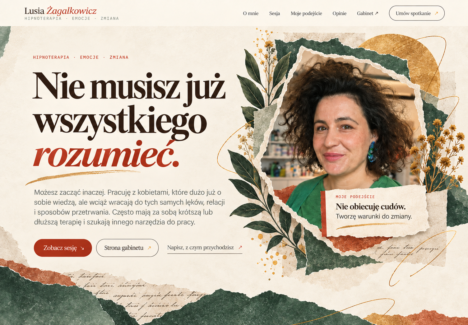 Lusia Żagałkowicz, hipnoterapeutka w Warszawie, w kolażu z liśćmi i kwiatami